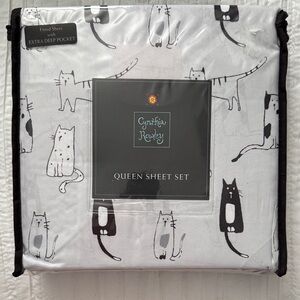 Cynthia Rowley Black and White Cat Print Queen Sheet Set